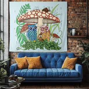 Cute Owl Family Mushrooms Rain Tapestry