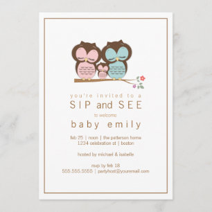 Cute Owl Family Sip and See Baby Greet Invitation