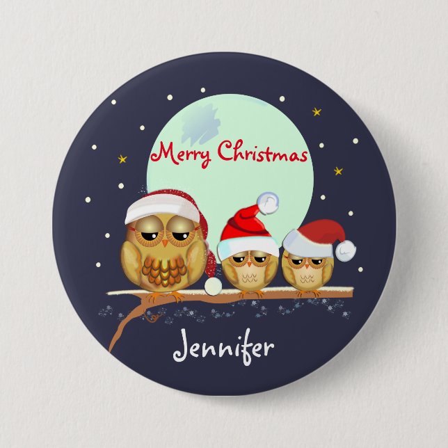Cute Owl family with Santa hats & custom name 3 Inch Round Button (Front)