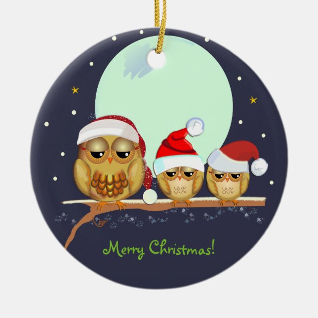 Cute Owl family with Santa hats & custom text Ceramic Ornament (Front)