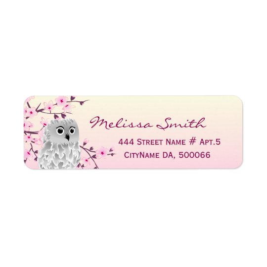Cute Owl Floral Cherry Blossoms Pink Return Address Label