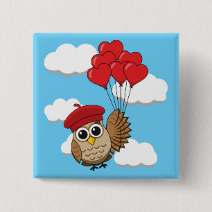Cute Owl Flying with Heart Balloons 2 Inch Square Button