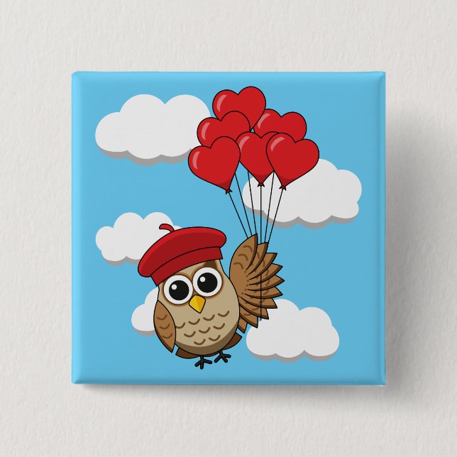 Cute Owl Flying with Heart Balloons 2 Inch Square Button (Front)