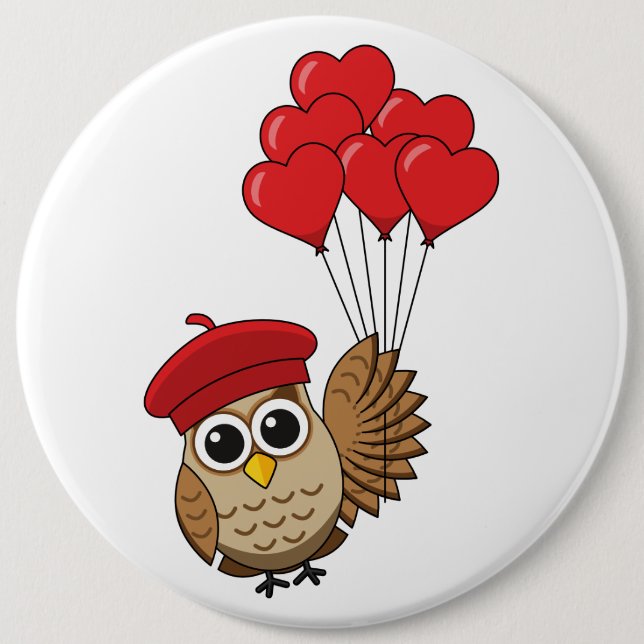 Cute Owl Flying with Heart Balloons 6 Inch Round Button (Front)