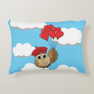 Cute Owl Flying with Heart Balloons Accent Pillow