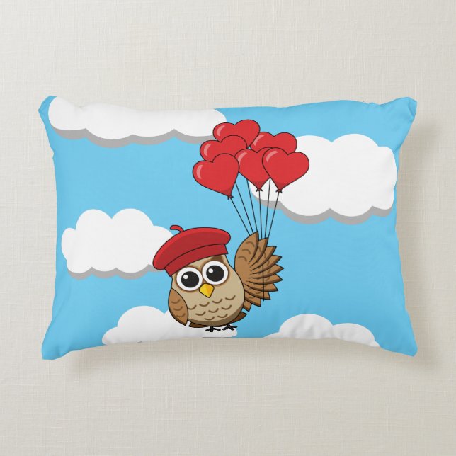 Cute Owl Flying with Heart Balloons Accent Pillow (Front)