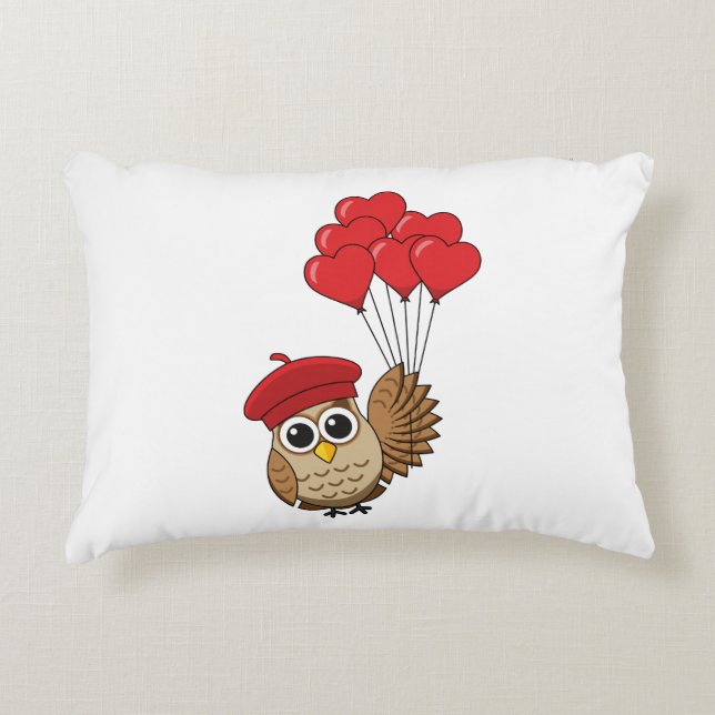 Cute Owl Flying with Heart Balloons Accent Pillow (Front)