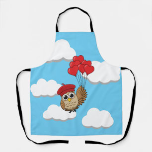 Cute Owl Flying with Heart Balloons Apron