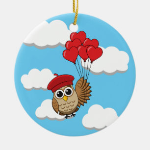 Cute Owl Flying with Heart Balloons Ceramic Ornament