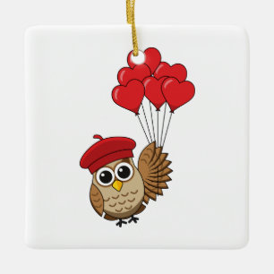 Cute Owl Flying with Heart Balloons Ceramic Ornament