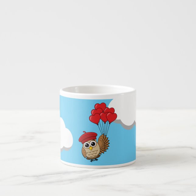 Cute Owl Flying with Heart Balloons Espresso Cup (Front)