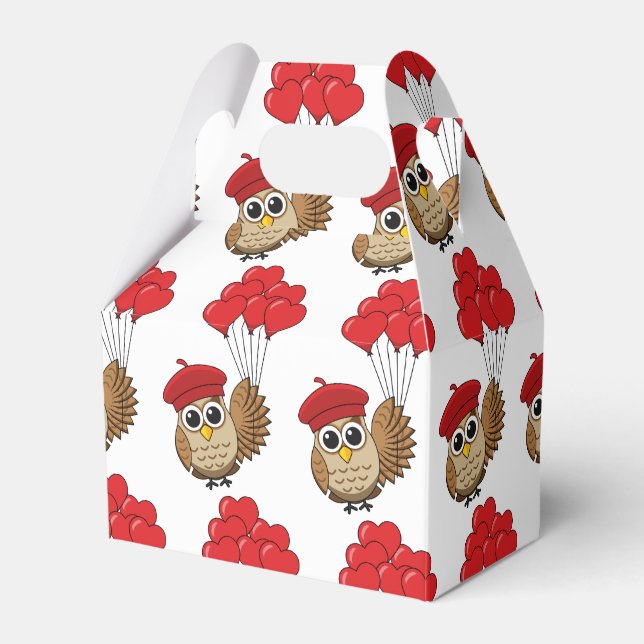 Cute Owl Flying with Heart Balloons Favor Box (Front Side)