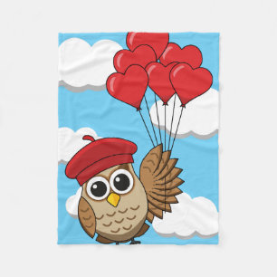 Cute Owl Flying with Heart Balloons Fleece Blanket