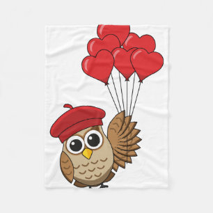 Cute Owl Flying with Heart Balloons Fleece Blanket