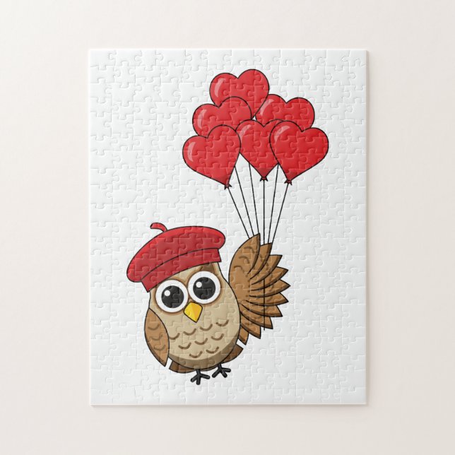 Cute Owl Flying with Heart Balloons Jigsaw Puzzle (Vertical)