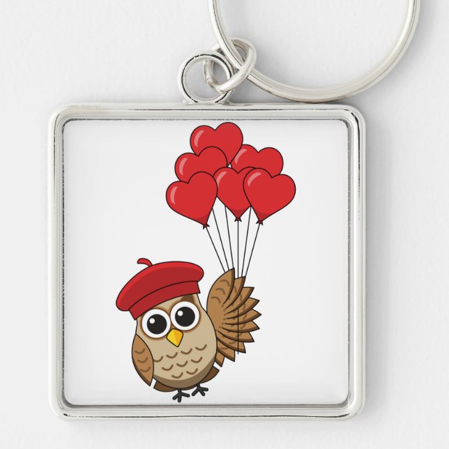 Cute Owl Flying with Heart Balloons Keychain (Front)