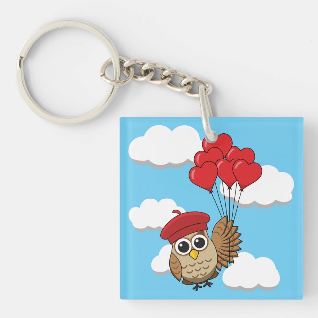 Cute Owl Flying with Heart Balloons Keychain (Front)
