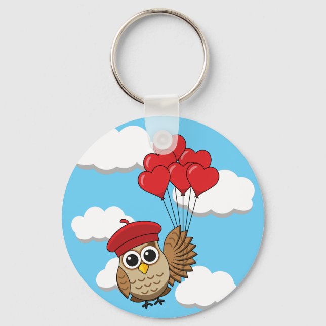 Cute Owl Flying with Heart Balloons Keychain (Front)