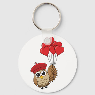 Cute Owl Flying with Heart Balloons Keychain