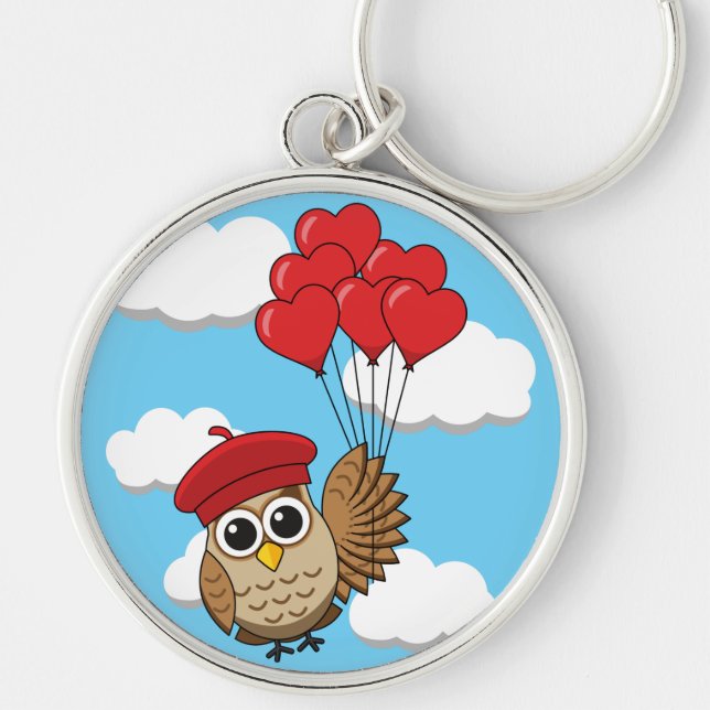 Cute Owl Flying with Heart Balloons Keychain (Front)