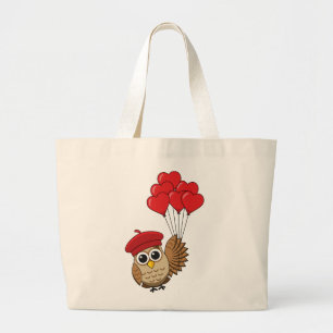 Cute Owl Flying with Heart Balloons Large Tote Bag