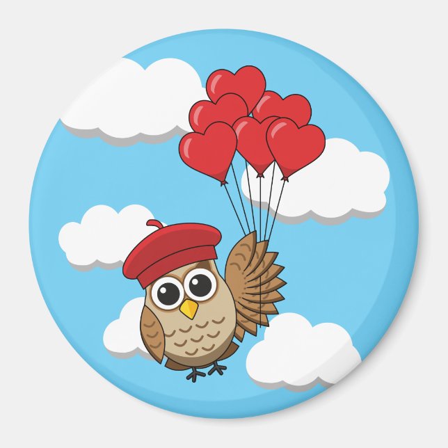 Cute Owl Flying with Heart Balloons Magnet (Front)