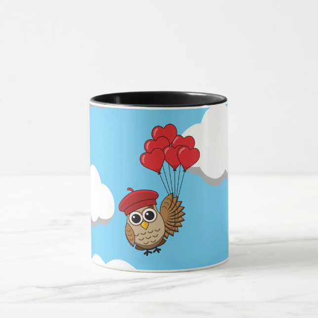 Cute Owl Flying with Heart Balloons Mug (Center)