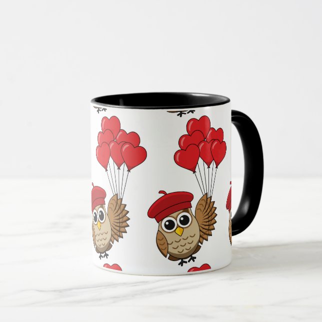 Cute Owl Flying with Heart Balloons Mug (Front Right)