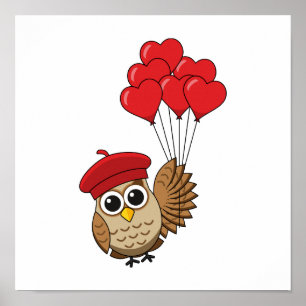 Cute Owl Flying with Heart Balloons Poster