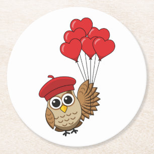 Cute Owl Flying with Heart Balloons Round Paper Coaster
