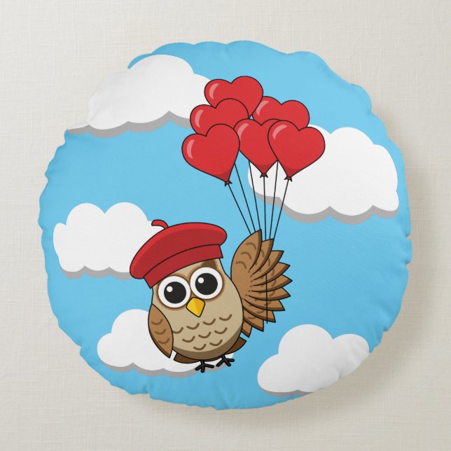 Cute Owl Flying with Heart Balloons Round Pillow (Front)