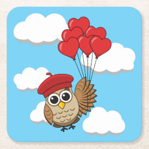 Cute Owl Flying with Heart Balloons Square Paper Coaster