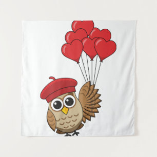 Cute Owl Flying with Heart Balloons Tapestry