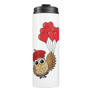 Cute Owl Flying with Heart Balloons Thermal Tumbler