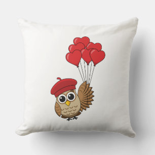 Cute Owl Flying with Heart Balloons Throw Pillow