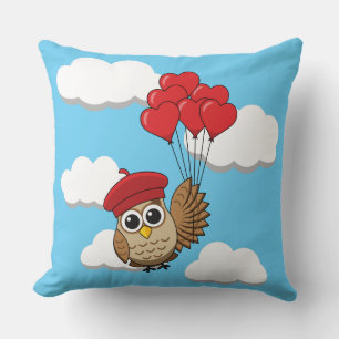 Cute Owl Flying with Heart Balloons Throw Pillow