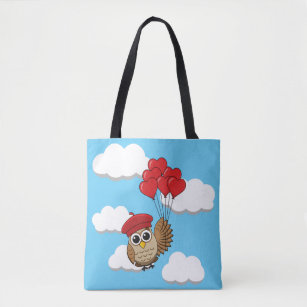 Cute Owl Flying with Heart Balloons Tote Bag