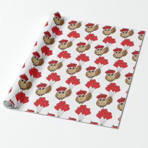 Cute Owl Flying with Heart Balloons Wrapping Paper