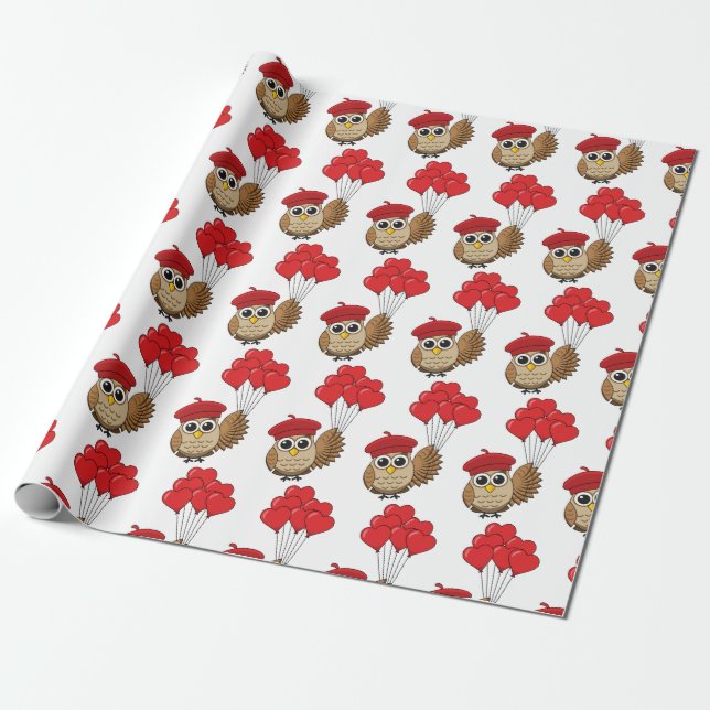 Cute Owl Flying with Heart Balloons Wrapping Paper (Unrolled)