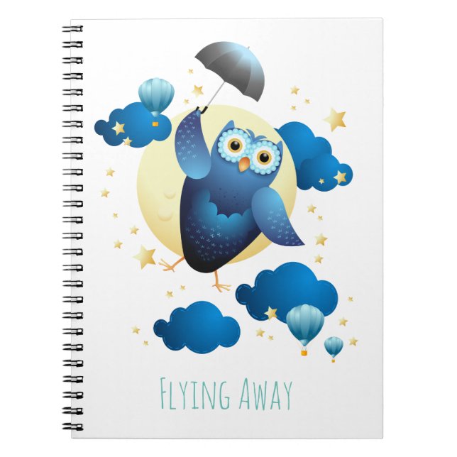 Cute Owl Flying with Umbrella  Notebook (Front)
