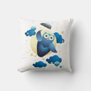 Cute Owl Flying with Umbrella Throw Pillow