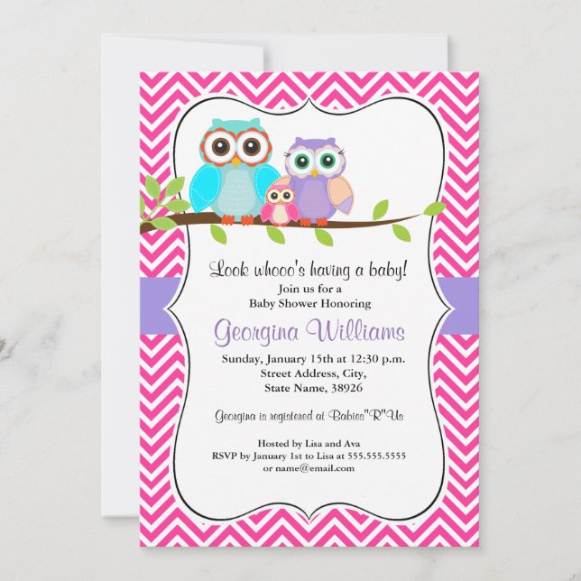 Cute Owl Girl Baby Shower Invitation / Pink (Front)