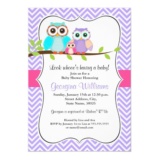Cute Owl Girl Baby Shower Invitation Pink & Purple