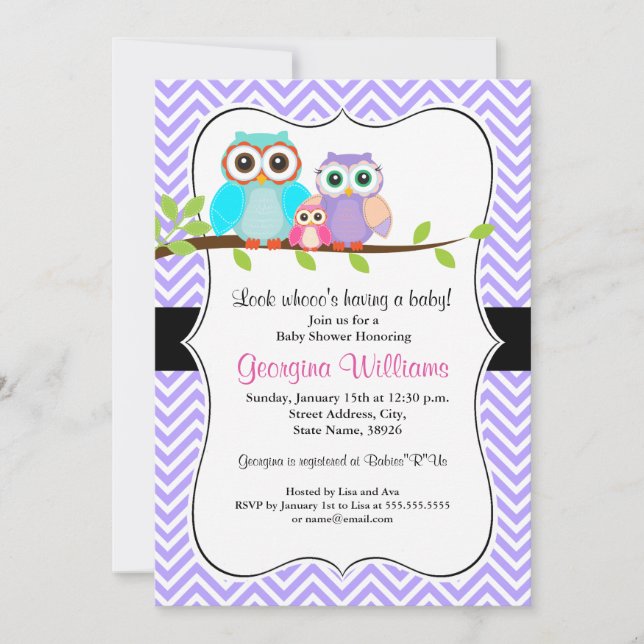 Cute Owl Girl Baby Shower Invitation / Purple (Front)