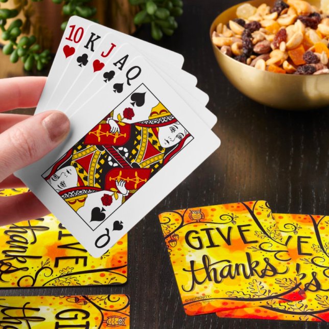 Cute Owl Give Thanks Orange Autumn Inspirivity Playing Cards (Creator Uploaded)