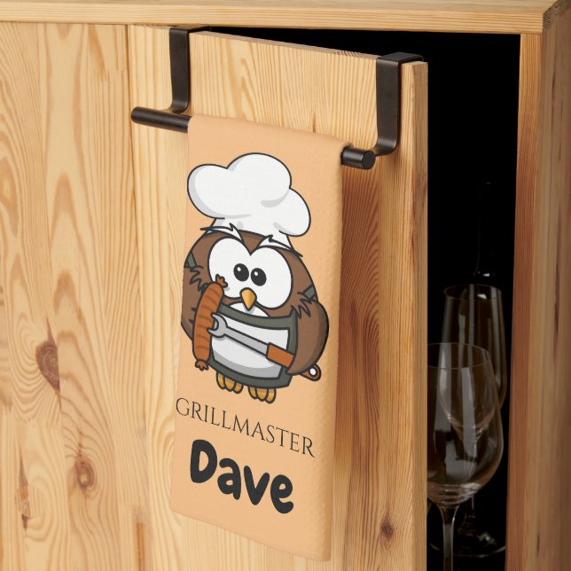 Cute Owl Grillmaster Personalized Kitchen Towel (Thirds Fold)