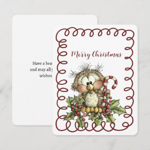 Cute Owl Holding Candy Cane Holiday Card