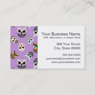 Cute Owl Illustration Pattern on Purple Background Business Card