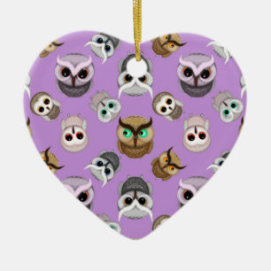 Cute Owl Illustration Pattern on Purple Background Ceramic Ornament
