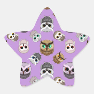Cute Owl Illustration Pattern on Purple Background Star Sticker